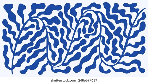 Póster de flores de silueta dibujado a mano. Abstractas hojas de plantas azules orgánicas. Horizontal patrón de arte botánico de Matisse. Ilustración minimalista de Vector de stock de moda sobre fondo claro.