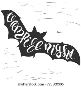 Hand drawn silhouette of flying bat, with wide spread wings. Sketch vector illustration with phrase "Vampire night", Halloween object isolated on grunge spot background.