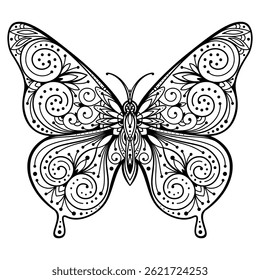 Hand drawn silhouette of flying butterfly with floral ornamental pattern. Decorative coloring page, antistress for adults, ethnic oriental ornament, tattoo. Vector illustration on white background
