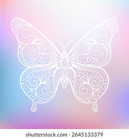 Hand drawn silhouette of flying butterfly with floral ornamental pattern. Decorative animal, ethnic oriental ornament, symbol, talisman. Vector illustration on pastel multi color gradient background