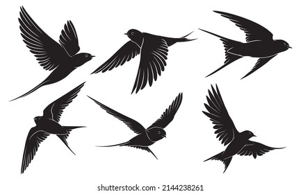 hand drawn silhouette of flying swallow