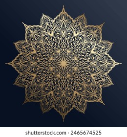 Hand drawn silhouette of gold mandala with floral ornamental pattern. Decorative golden gradient mandala, ethnic oriental ornament, vintage art design. Vector illustration isolated on blue background