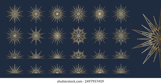 Hand drawn silhouette of golden star, sunburst, light rays. Bohemian gold gradient symbol bursting sun ray. Magic ornate talisman, antique style, boho, logo. Vector set illustration on blue background