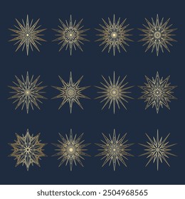Hand drawn silhouette of golden star, sunburst, light rays. Bohemian gold gradient symbol bursting sun ray. Magic ornate talisman, antique style, boho, logo. Vector set illustration on blue background