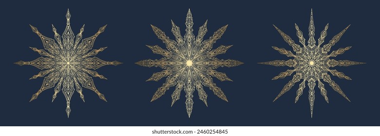 Silueta dibujada a mano de sol dorado, estrella con patrón. Símbolo adornado bohemio decorativo. Talismán ornamental mágico, estilo antiguo, boho, tatuaje, logotipo. Ilustración vectorial aislada sobre fondo azul