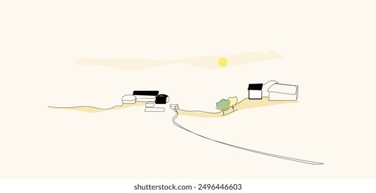 Hand drawn silhouette of hills, houses. Continuous single line illustration of rural landscape. Panoramic sketch of country nature. Village minimalist contour illustration design. SHOTLISTtravel