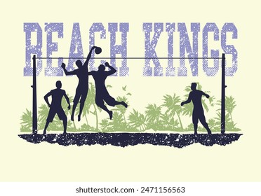 Hand drawn silhouette illustration of people playing beach volleyball.