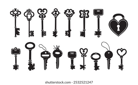 Hand drawn silhouette Keys. Doodle various vintage, modern and cute isolated keys. Different types, sizes. Vector illustration