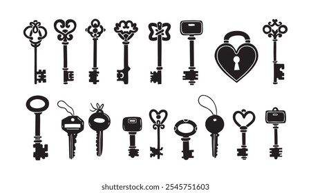 Hand drawn silhouette Keys. Doodle various vintage, modern and cute isolated keys. Different types, sizes. Vector illustration