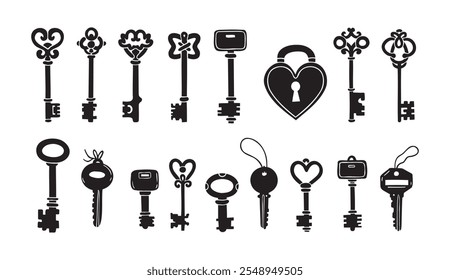 Hand drawn silhouette Keys. Doodle various vintage, modern and cute isolated keys. Different types, sizes. Vector illustration