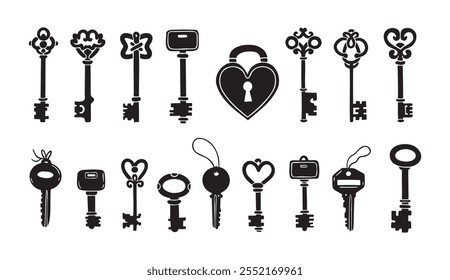 Hand drawn silhouette Keys. Doodle various vintage, modern and cute isolated keys. Different types, sizes. Vector illustration