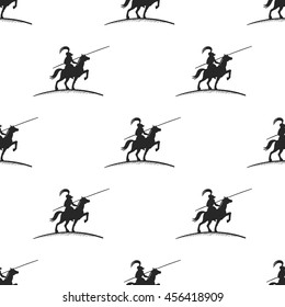 Hand drawn silhouette of knight on horse with spear. Vector pattern on white background.
.