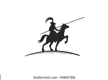 Hand drawn silhouette of knight on horse with spear on white background. Vector illustration.