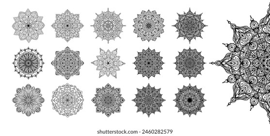 Hand drawn silhouette of mandala with floral ornamental pattern. Decorative coloring page, antistress for adults, ethnic oriental ornament, tattoo. Vector set illustration isolated on white background