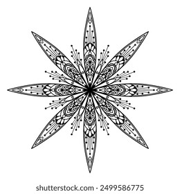 Hand drawn silhouette of mandala with floral ornamental pattern. Decorative coloring page, antistress for adults, ethnic oriental ornament, tattoo. Vector illustration isolated on white background