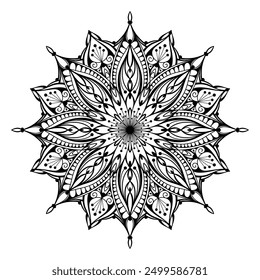 Hand drawn silhouette of mandala with floral ornamental pattern. Decorative coloring page, antistress for adults, ethnic oriental ornament, tattoo. Vector illustration isolated on white background