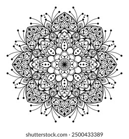 Hand drawn silhouette of mandala with floral ornamental pattern. Decorative coloring page, antistress for adults, ethnic oriental ornament, tattoo. Vector illustration isolated on white background