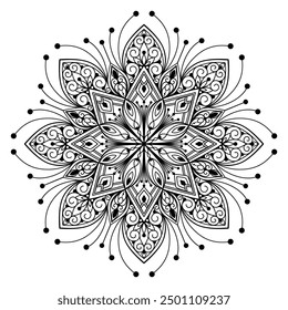 Hand drawn silhouette of mandala with floral ornamental pattern. Decorative coloring page, antistress for adults, ethnic oriental ornament, tattoo. Vector illustration isolated on white background