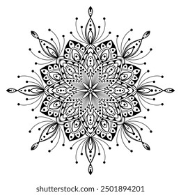 Hand drawn silhouette of mandala with floral ornamental pattern. Decorative coloring page, antistress for adults, ethnic oriental ornament, tattoo. Vector illustration isolated on white background