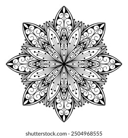 Hand drawn silhouette of mandala with floral ornamental pattern. Decorative coloring page, antistress for adults, ethnic oriental ornament, tattoo. Vector illustration isolated on white background