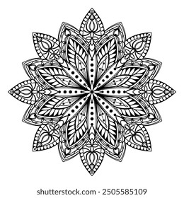 Hand drawn silhouette of mandala with floral ornamental pattern. Decorative coloring page, antistress for adults, ethnic oriental ornament, tattoo. Vector illustration isolated on white background