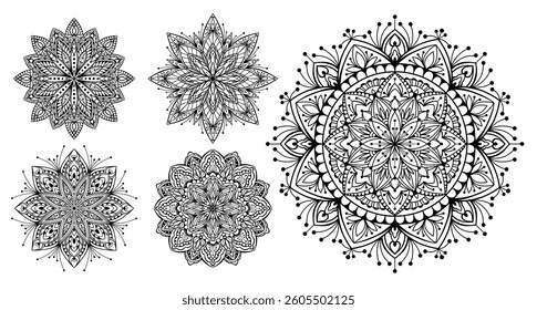 Hand drawn silhouette of mandala with floral ornamental pattern. Decorative coloring page, antistress for adults, ethnic oriental ornament, tattoo. Vector set illustration isolated on white background