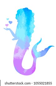 Hand drawn silhouette mermaid and heart isolated on white background. Vector illustration. Colorful siren. Sea theme. Perfect for invitation, greeting card, fashion print, banner, t shirt.