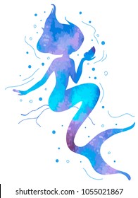 Hand drawn silhouette mermaid isolated on white background. Vector illustration. Colorful siren. Sea theme. Perfect for invitation, greeting card, fashion print, banner, t shirt.