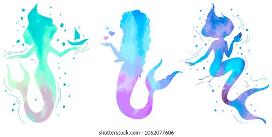 Hand drawn silhouette mermaid isolated on white background. Vector illustration. Colorful siren. Sea theme. Perfect for invitation, greeting card, fashion print, banner, t shirt.