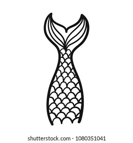 Hand drawn silhouette of mermaid tail. Vector illustration isolated on white background. Contour graphic tattoo.