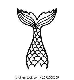 Hand drawn silhouette of mermaid tail. Vector illustration isolated on white background. Contour graphic tattoo.