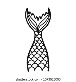 Hand drawn silhouette of mermaid tail. Vector illustration isolated on white background. Contour graphic tattoo.