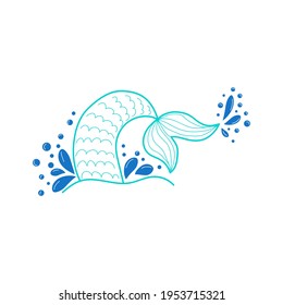 Hand drawn silhouette of mermaid tail with splashing water. Graphic tattoo.