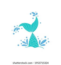 Hand drawn silhouette of mermaid tail with splashing water. Graphic tattoo.