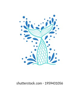 Hand drawn silhouette of mermaid tail with splashing water. Graphic tattoo.