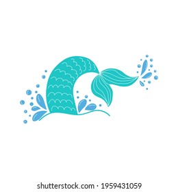 Hand drawn silhouette of mermaid tail with splashing water. Graphic tattoo.