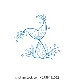 Hand drawn silhouette of mermaid tail with splashing water. Graphic tattoo.
