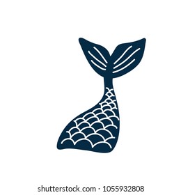 Hand drawn silhouette of mermaid's tail. Vector icon isolated on white background. Graphic tattoo.