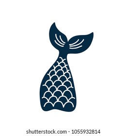 Hand drawn silhouette of mermaid's tail. Vector icon isolated on white background. Graphic tattoo.