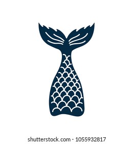 Hand drawn silhouette of mermaid's tail. Vector icon isolated on white background. Graphic tattoo.