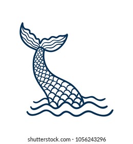 Hand drawn silhouette of mermaid's tail. Vector icon isolated on white background. Graphic tattoo.