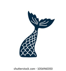 Hand drawn silhouette of mermaid's tail. Vector icon isolated on white background. Graphic tattoo.