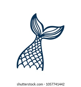 Hand drawn silhouette of mermaid's tail. Vector icon isolated on white background. Graphic tattoo.