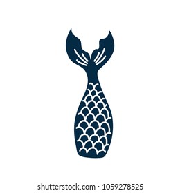 Hand drawn silhouette of mermaid's tail. Vector icon isolated on white background. Graphic tattoo.