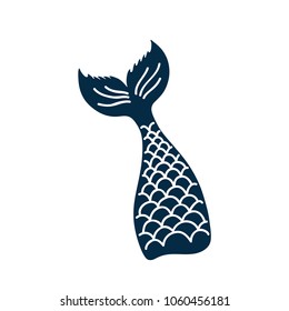 Hand drawn silhouette of mermaid's tail. Vector icon isolated on white background. Graphic tattoo.