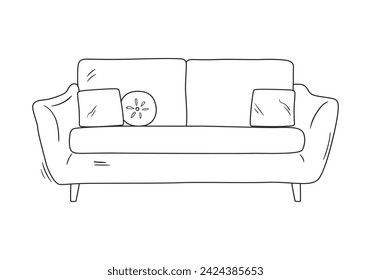 Hand drawn silhouette of mid century couch with pillows. Modern furniture outline drawing. Line art sofa for trendy living room interior design. Sketch seat on legs. Vector illustration