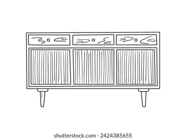 Silueta dibujada a mano del aparador de mediados de siglo. Dibujo de contorno de muebles modernos. Armario de arte de línea para el diseño de interiores de moda. Bocetos de commode en las piernas. Ilustración de vector