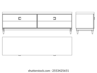 Hand drawn silhouette of mid century dresser. Modern furniture outline drawing. Line art cupboard for trendy interior design. Sketch commode on legs. Vector illustration