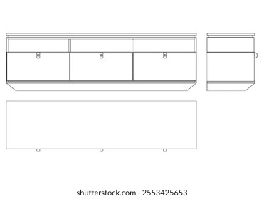 Hand drawn silhouette of mid century dresser. Modern furniture outline drawing. Line art cupboard for trendy interior design. Sketch commode on legs. Vector illustration