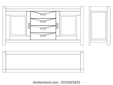 Hand drawn silhouette of mid century dresser. Modern furniture outline drawing. Line art cupboard for trendy interior design. Sketch commode on legs. Vector illustration